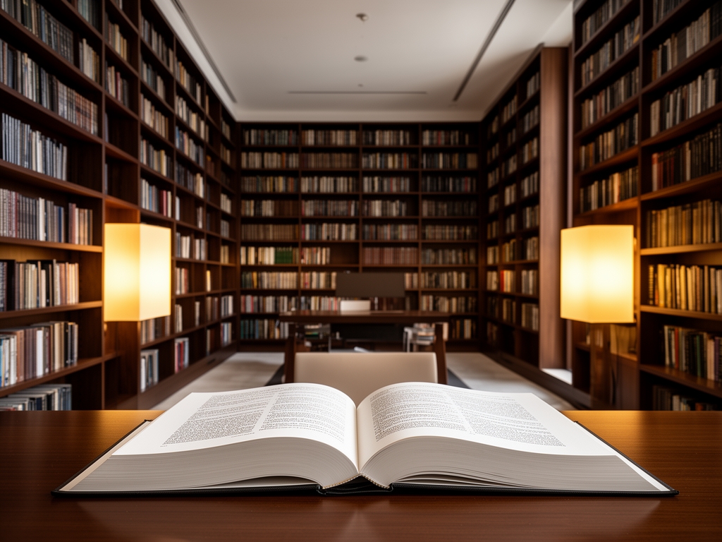 Unutrašnjost moderne istraživačke biblioteke sa visokim policama knjiga od tamnog drveta, toplim lampama i otvorenim naučnim knjigama na stolu, intimna akademska atmosfera