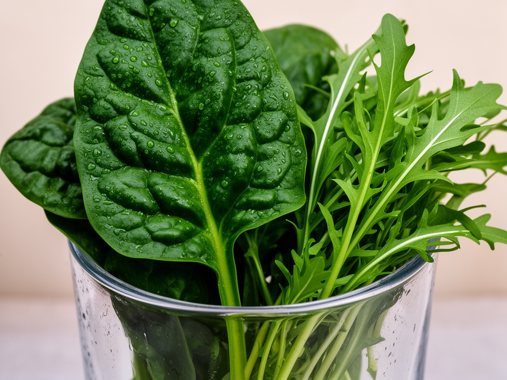 Sveže tamnozeleno lisnato povrće – spanać, kelj, rukola – u staklenoj posudi sa vodenim kapljicama na listovima