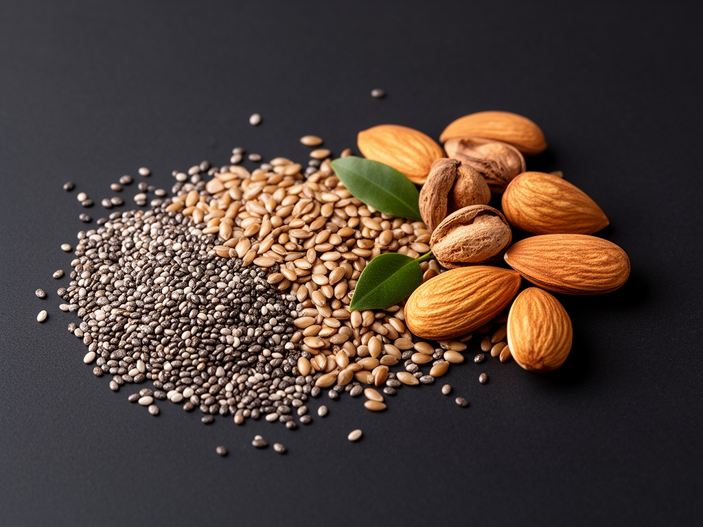 Raznovrsne sjemenke i orašasti plodovi – chia, lan, bundeva, badem – rasuti po tamnoj podlozi u minimalističkom stilu