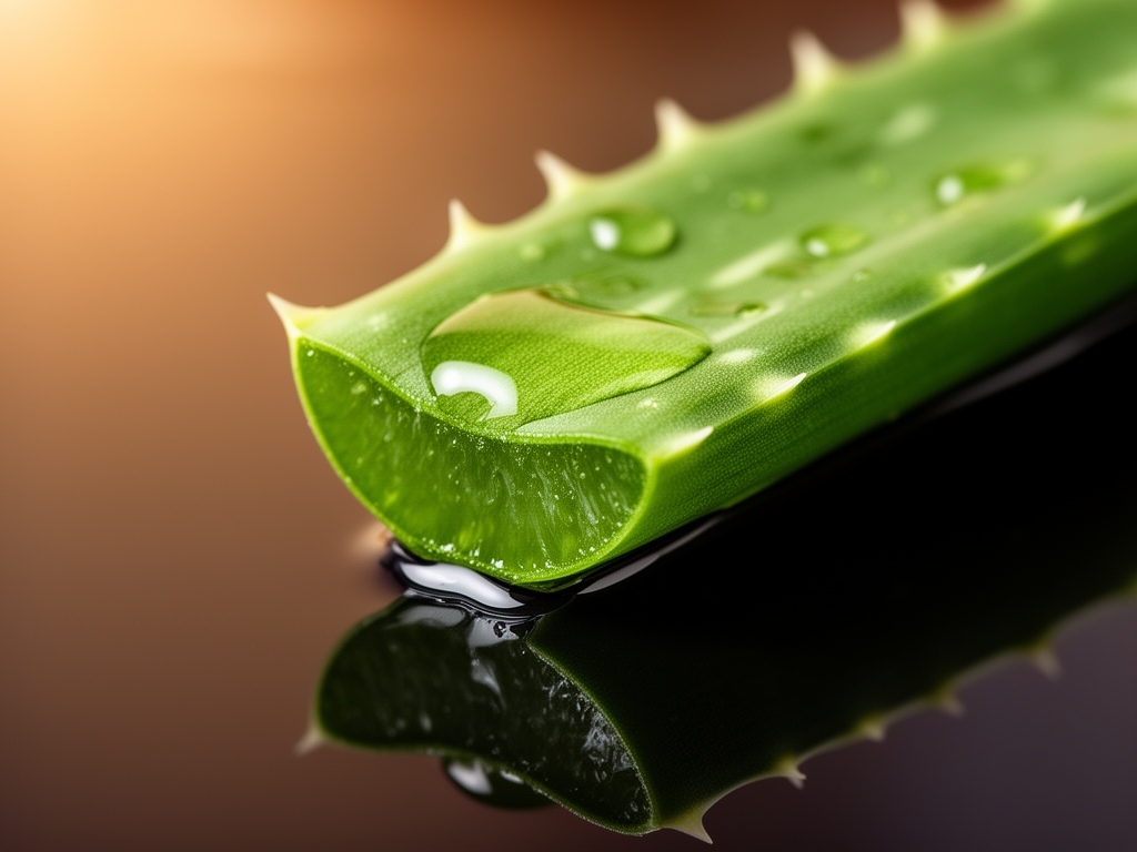 Makrografija teksture svežeg aloe vere i kapi esencijalnog ulja na tamnoj staklenoj podlozi, sa toplim svetlom koje naglašava providne zelene nijanse